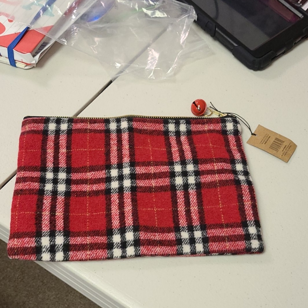 Plaid Makeup pouch Creative Co-op w/ Jingle bell